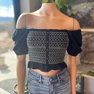 NWT Francesca's Black Smocked Square Neck Puff Sleeve Top Boho Cottagecore Small